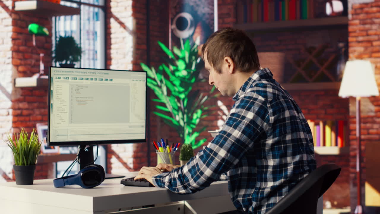 Software developer at computer coding, creating software