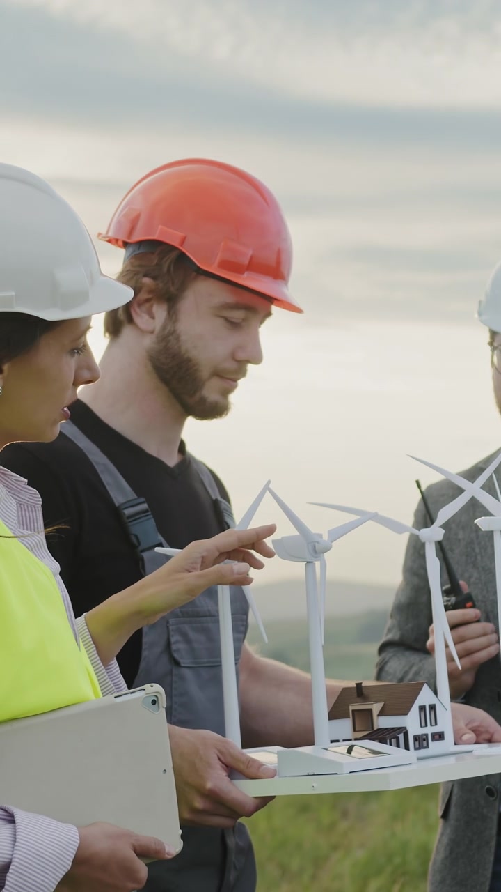 Engineers discuss wind turbine model and project plans outdoors with a model house and turbines the