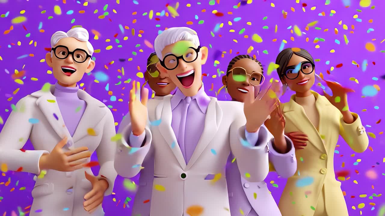 Joyful Celebration with Animated Characters in Colorful Outfits Embracing a Festive Atmosphere, Surrounded by Confetti and an Inviting Purple Background