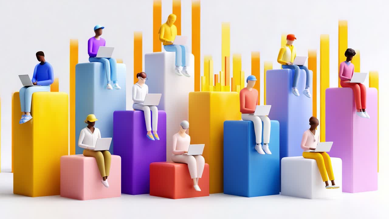 Dynamic Workspace: A Colorful Display of Diverse Individuals Engaged in Remote Work on Laptops Amidst Vibrant Geometric Shapes and Bar Graphs Representing Productivity
