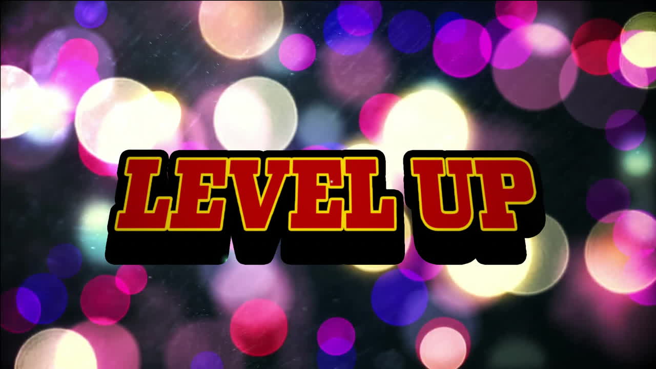 Level up text animation over colorful bokeh lights background