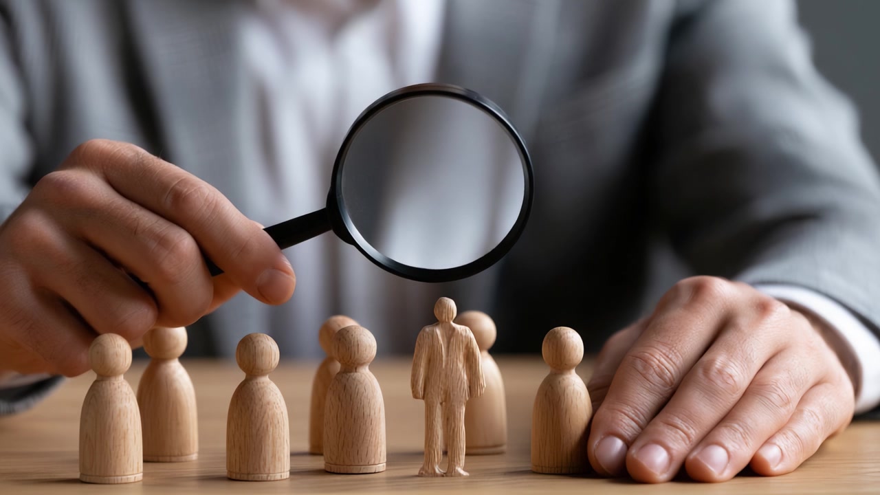 A Detailed Examination: Analyzing Individual Differences Using a Magnifying Glass on Wooden Figurines Representing People in a Professional Setting