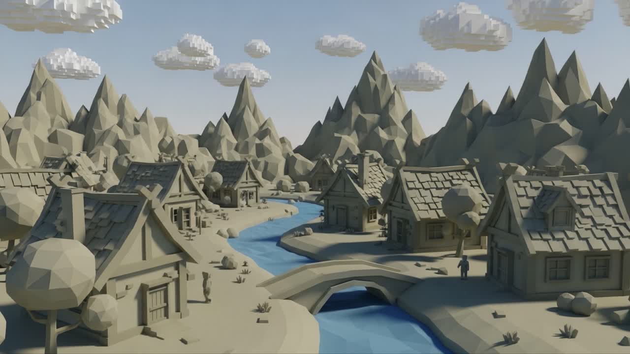 A serene low-poly village landscape featuring quaint houses, a gentle river, majestic mountains, and fluffy clouds, all rendered in a unique geometric style