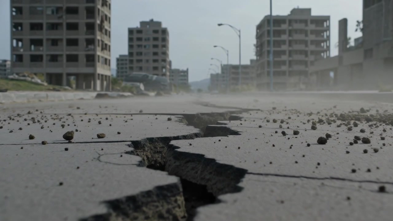 Splitting jagged fissure widening across concrete road from shifting below, dust rising