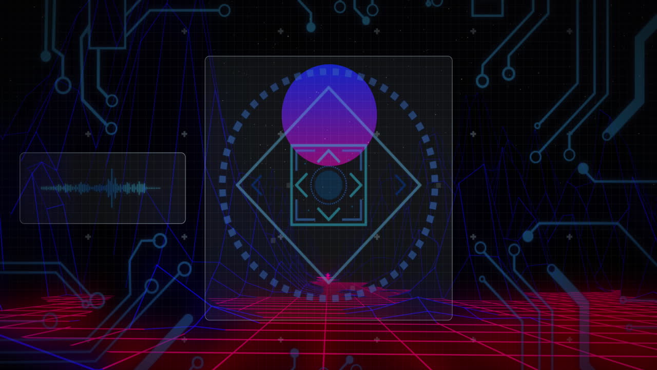 Animation of scope scanning over circles and circuit board elements on blue background