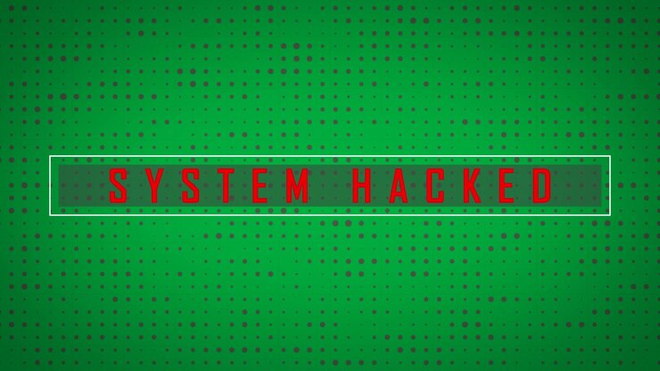 Digitaal gegenereerde video van 'systeem gehackt' tekst en rode stippen tegen een zwarte achtergrond