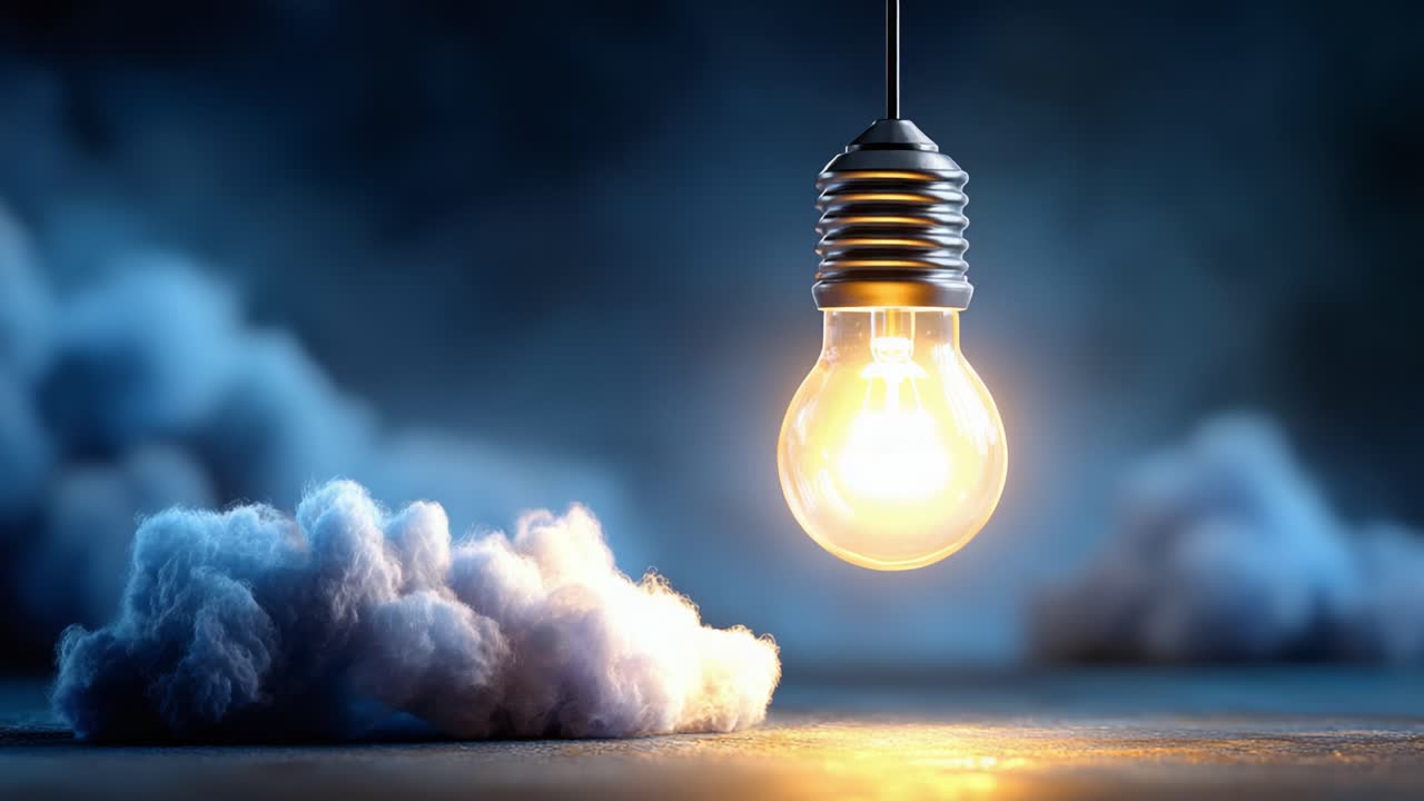 A captivating light bulb suspended in midair, illuminating soft, fluffy clouds beneath it, creating a serene atmosphere filled with dreams and inspiration
