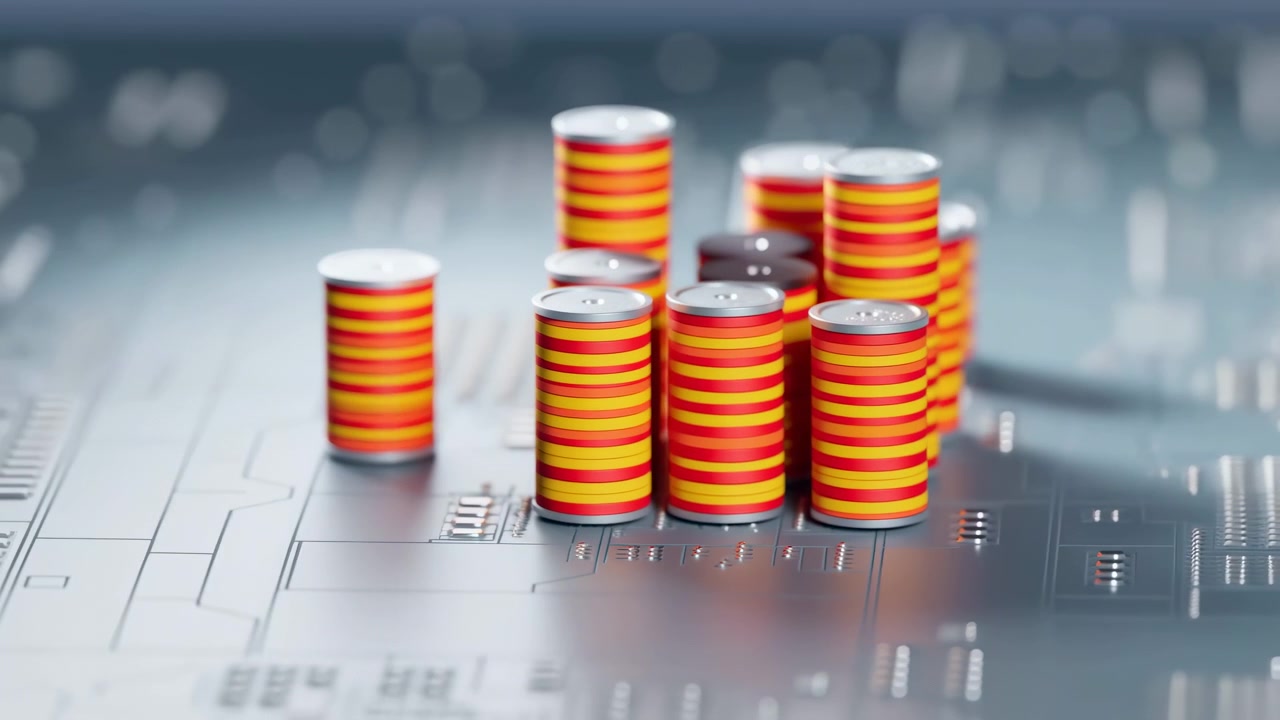 Several stacks of red and yellow poker chips stand on a blurred electronic circuit board, blending gambling, finance, and technology themes with soft studio