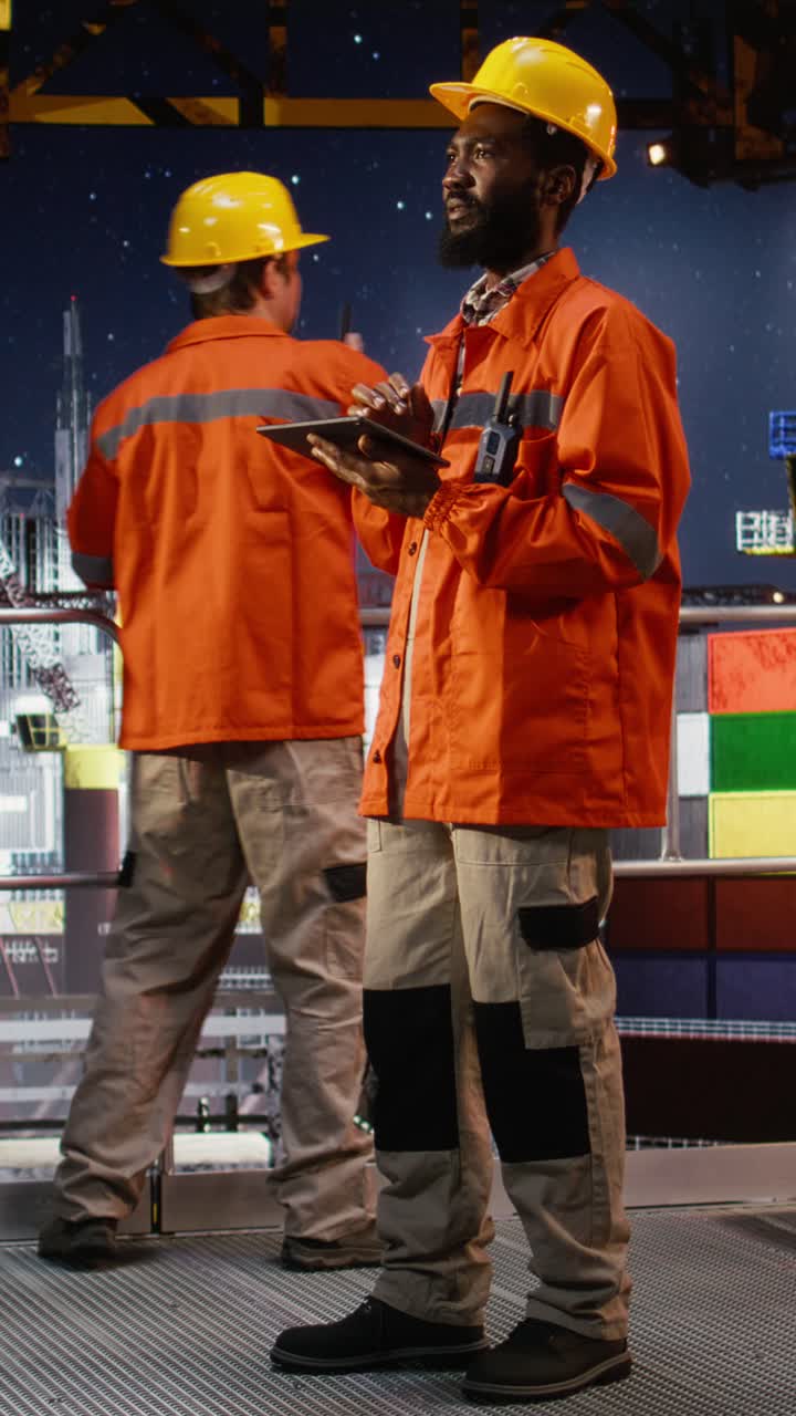 Vertical Video Male worker in orange jacket and hard hat analyzes system operations