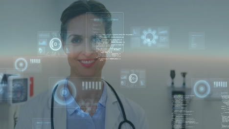 medical data processing animation over smiling doctor holding clipboard in hospital