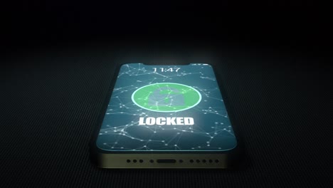 high quality animated 3d cgi render with tilting camera move - close up of mobile phone being unlocked and hacked, with digital and binary code flowing out and a skull and crossbones motif