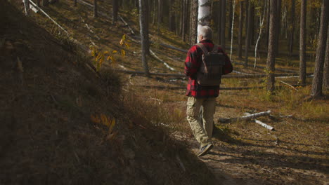 Ein-Grauhaariger-Mann-Geht-An-Einem-Herbsttag-Allein-Im-Wald-Spazieren-Und-Wandert-Mit-Dem-Rucksack,-Um-Einen-Gesunden-Lebensstil-In-Der-Natur-Zu-Genießen