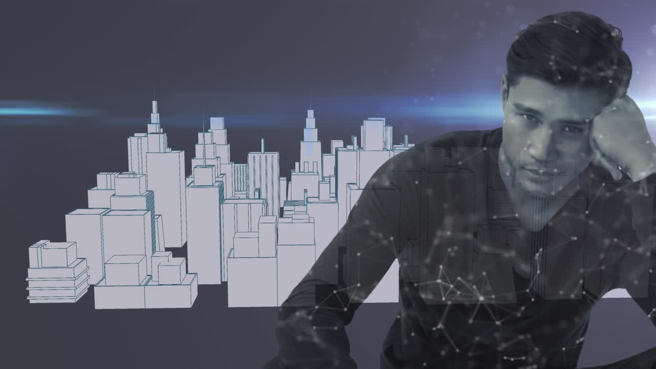 red de conexiones sobre el hombre contra el modelo de ciudad en 3d