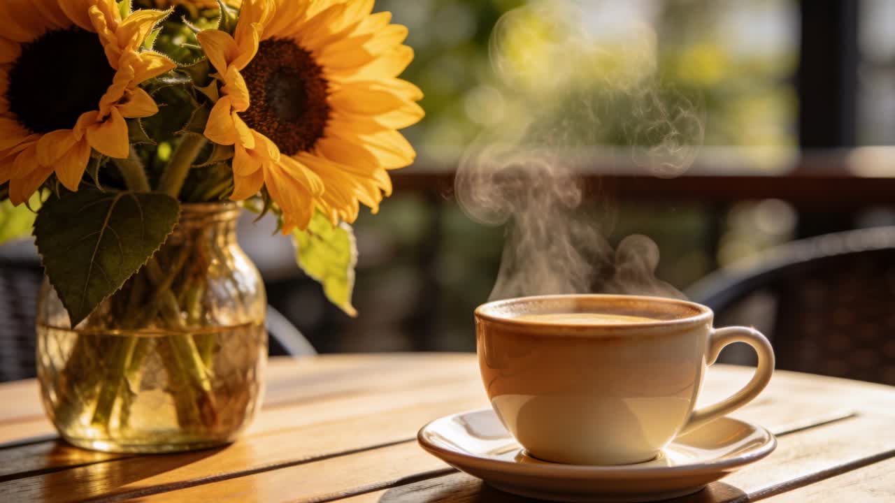 Produciendo vapor, el calor de la bebida caliente forma columnas ascendentes sobre la taza y el platillo en el patio, junto a girasoles.