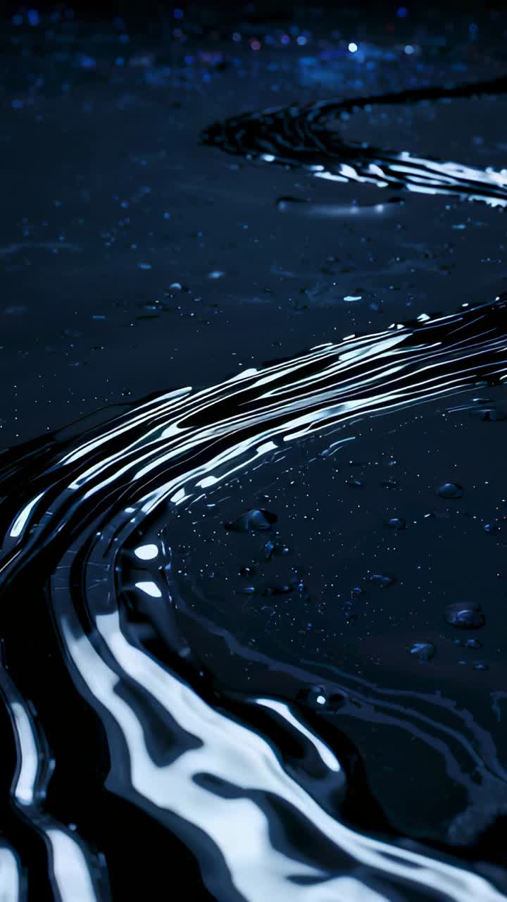 Vertical video: Responding to light shift, black ribbon forming rippling highlights on dark surface