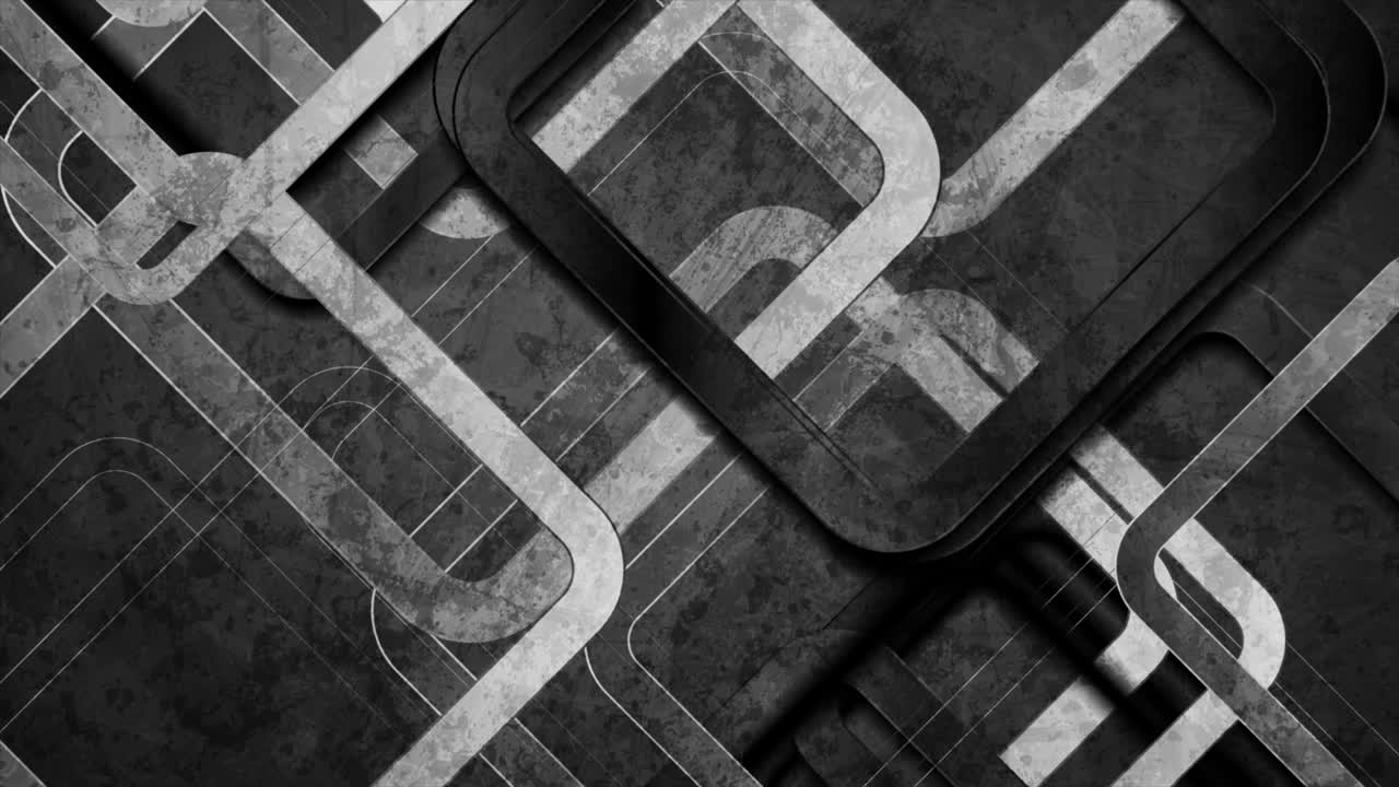Sfondo astratto in movimento stile grunge con quadrati geometrici neri e grigi.