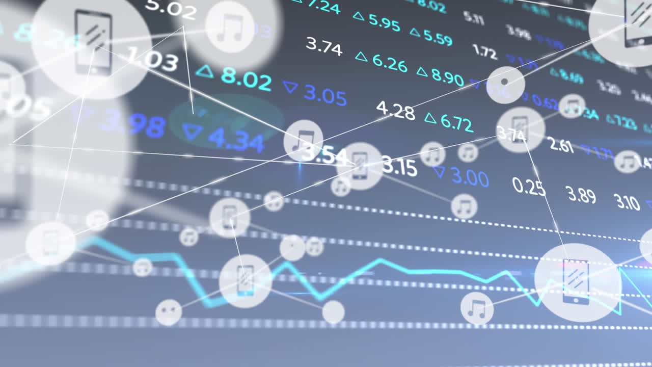 파란색 배경에 대한 증권 시장 데이터 처리에 대한 디지털 아이콘 네트워크의 애니메이션