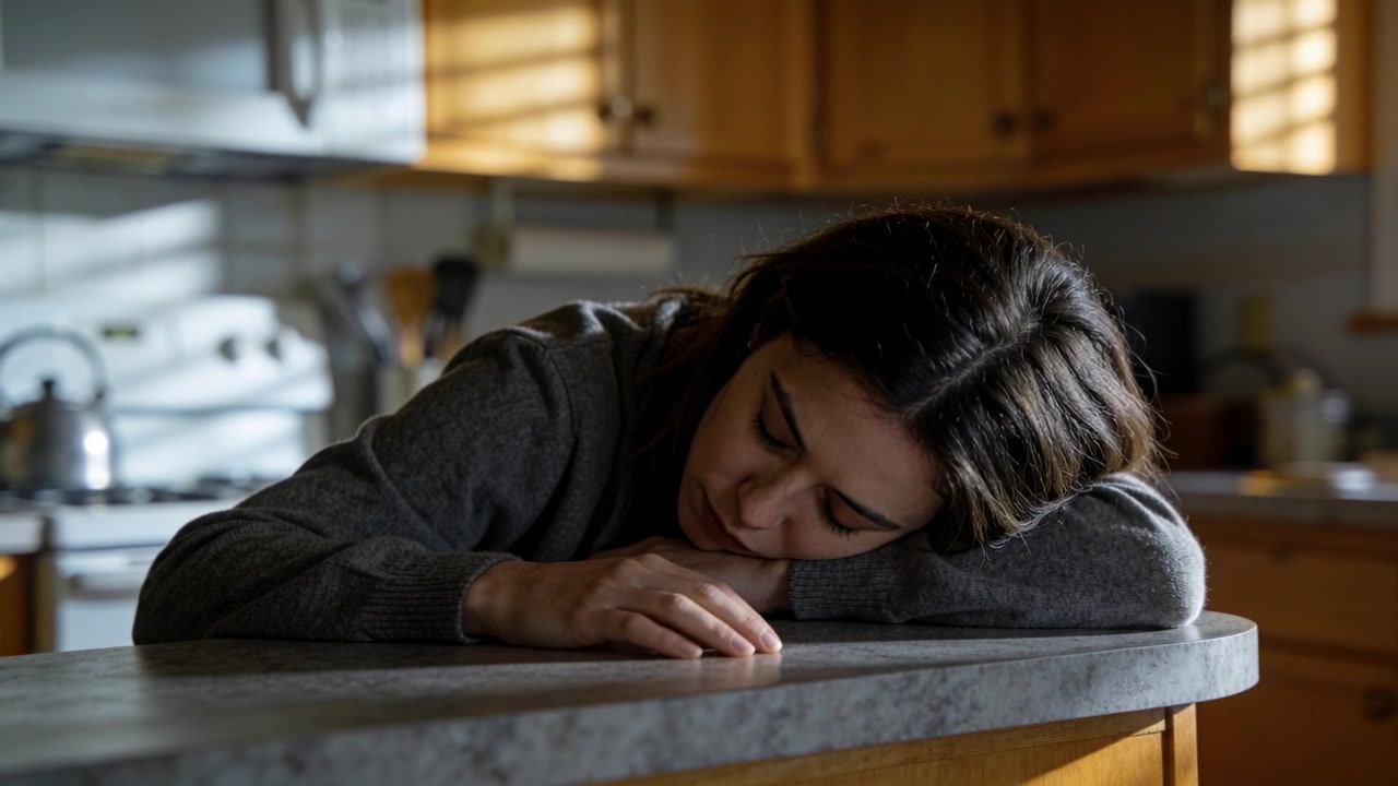 Donna adulta a riposo con felpa grigia, appoggiata sull'avambraccio all'isola della cucina, sentendosi affaticata.