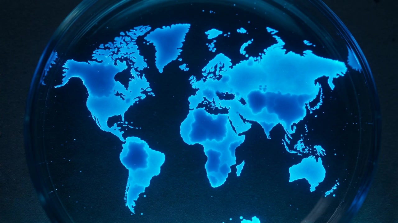Pulsing circular blue world map display flickering on dark backdrop, showing rim and tiny specks
