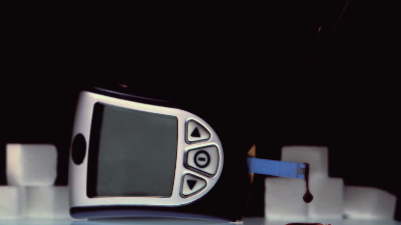 혈당 측정기의 테스트 스트립에 떨어지는 혈액 한 방울.