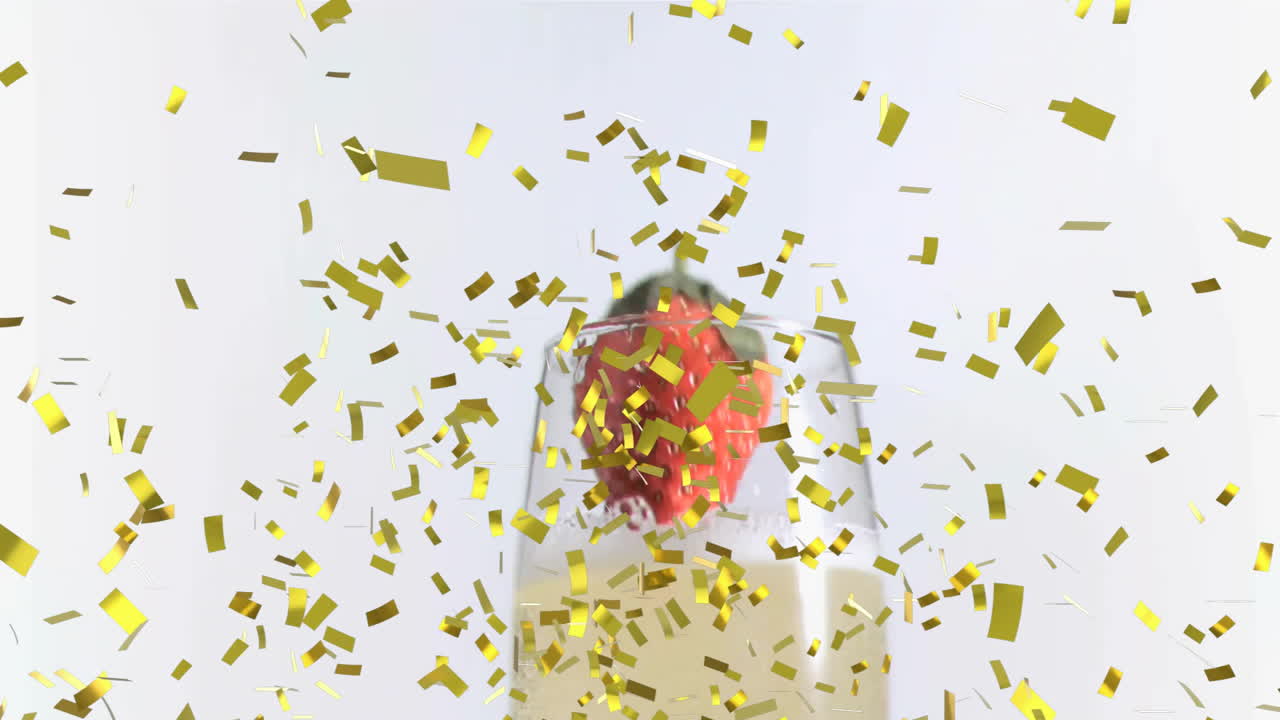 Animazione di bicchiere di champagne e coriandoli su sfondo bianco