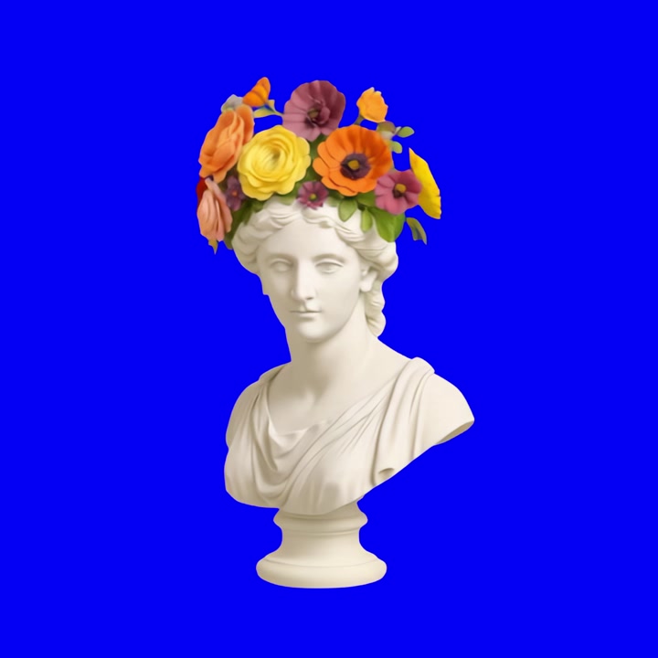 Busto di statua classica che indossa una vivace corona floreale su sfondo blu