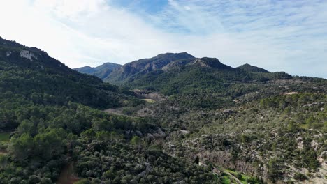 drone shot showing greened mountains of mallorca near esporles during sunny day - panorama shot