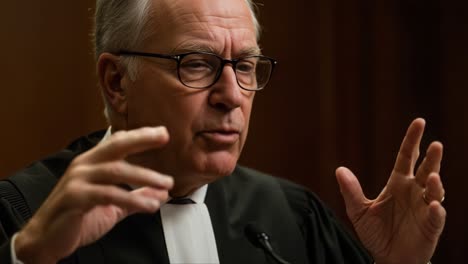 a judge delivers an impassioned statement in court, emphasizing key points through gesture and expression during a serious legal proceedings