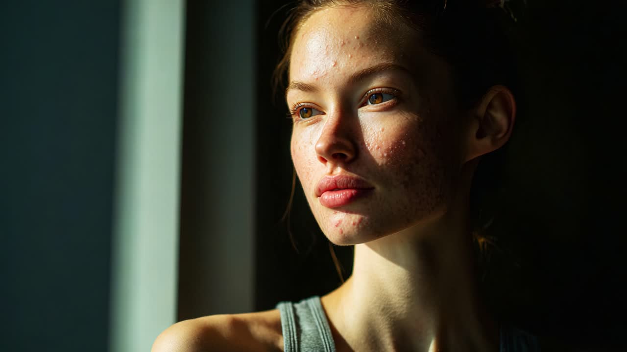 A contemplative young woman gazes out of a sunlit space, her expression reflecting resilience and beauty amid natural imperfections, showcasing her strength and individuality