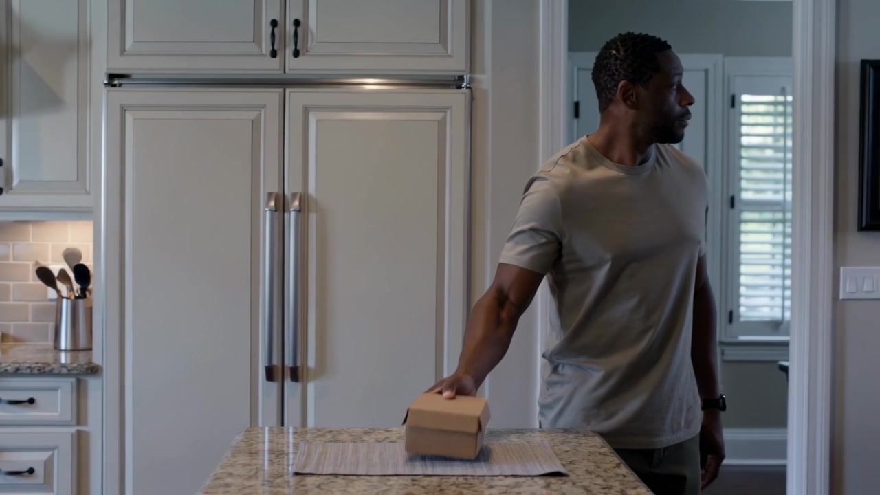 Turning near stove man in gray tee dark-pants carrying two small boxes, placing on island placemat