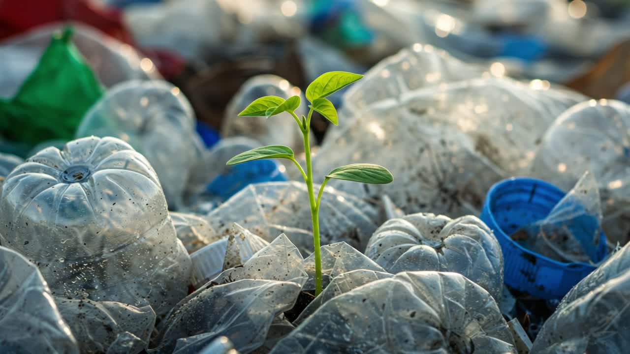 A resilient green plant sprouts amidst a heap of discarded plastic materials, illustrating the potential for nature to thrive in challenging conditions.