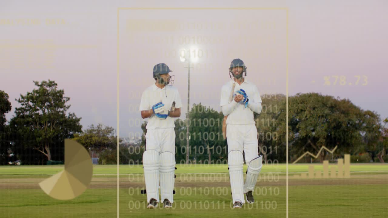 Slagpartners lopen naar de camera op het cricketveld en tikken op hun helmen terwijl balken omhoogkomen voor analyse