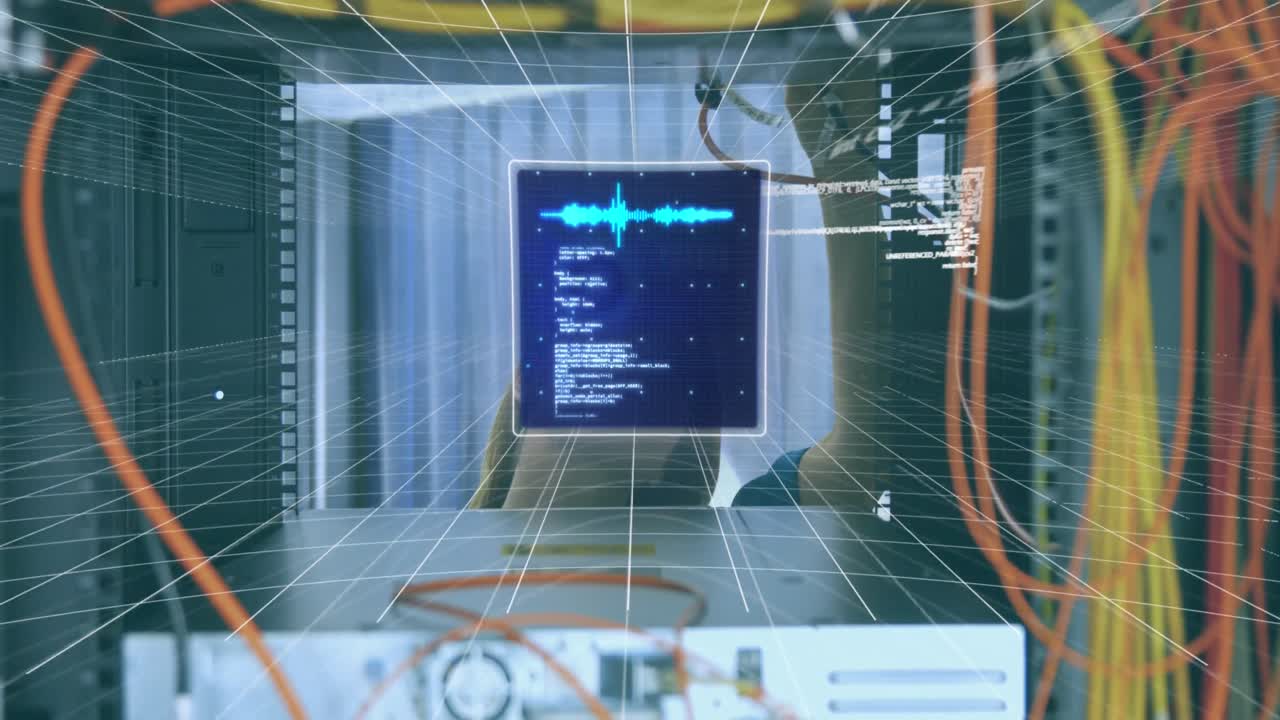Animation of data processing over caucasian woman inspecting server room