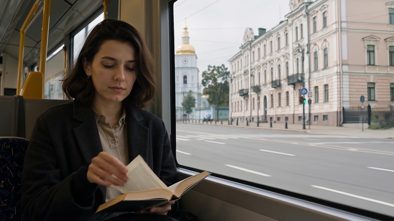 Giovane donna che legge un libro mentre viaggia su un tram pubblico attraverso una strada cittadina.