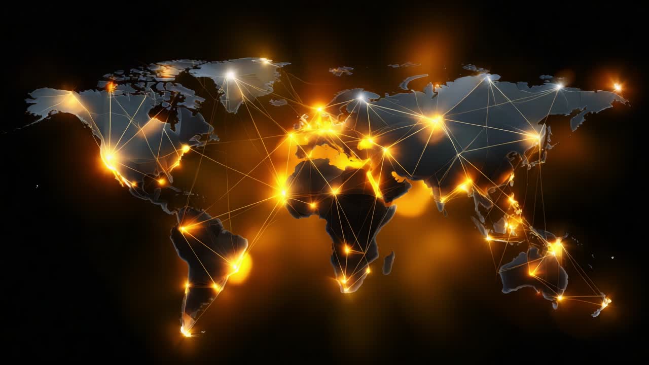 A Stunning Visualization of Global Connectivity Depicted Through an Illuminated World Map, Showcasing Networks and Data Flow Across Continents, with a Shimmering Effect That Highlights Key Locations and Connections