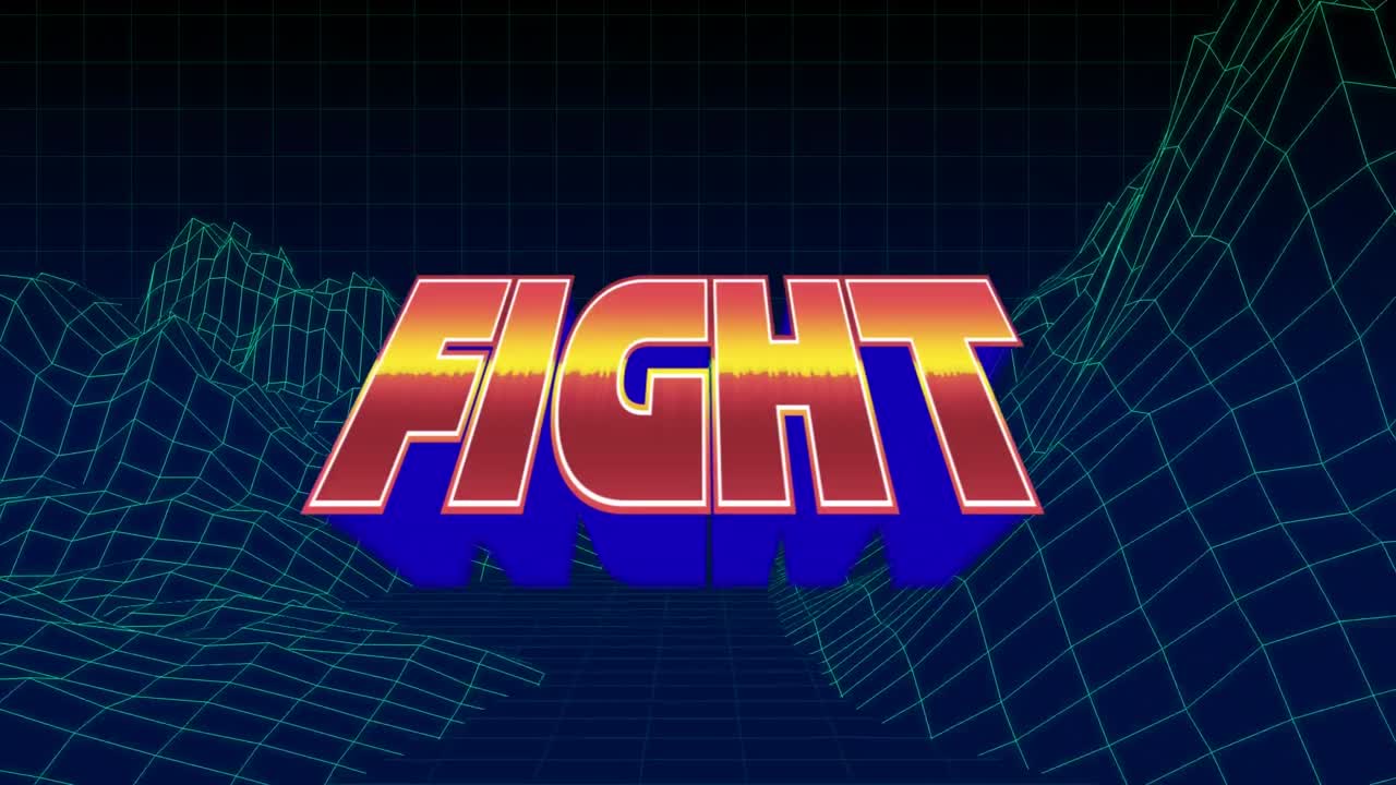 메타버스 배경에 빨간색과 파란색 글자로 싸움 텍스트의 애니메이션