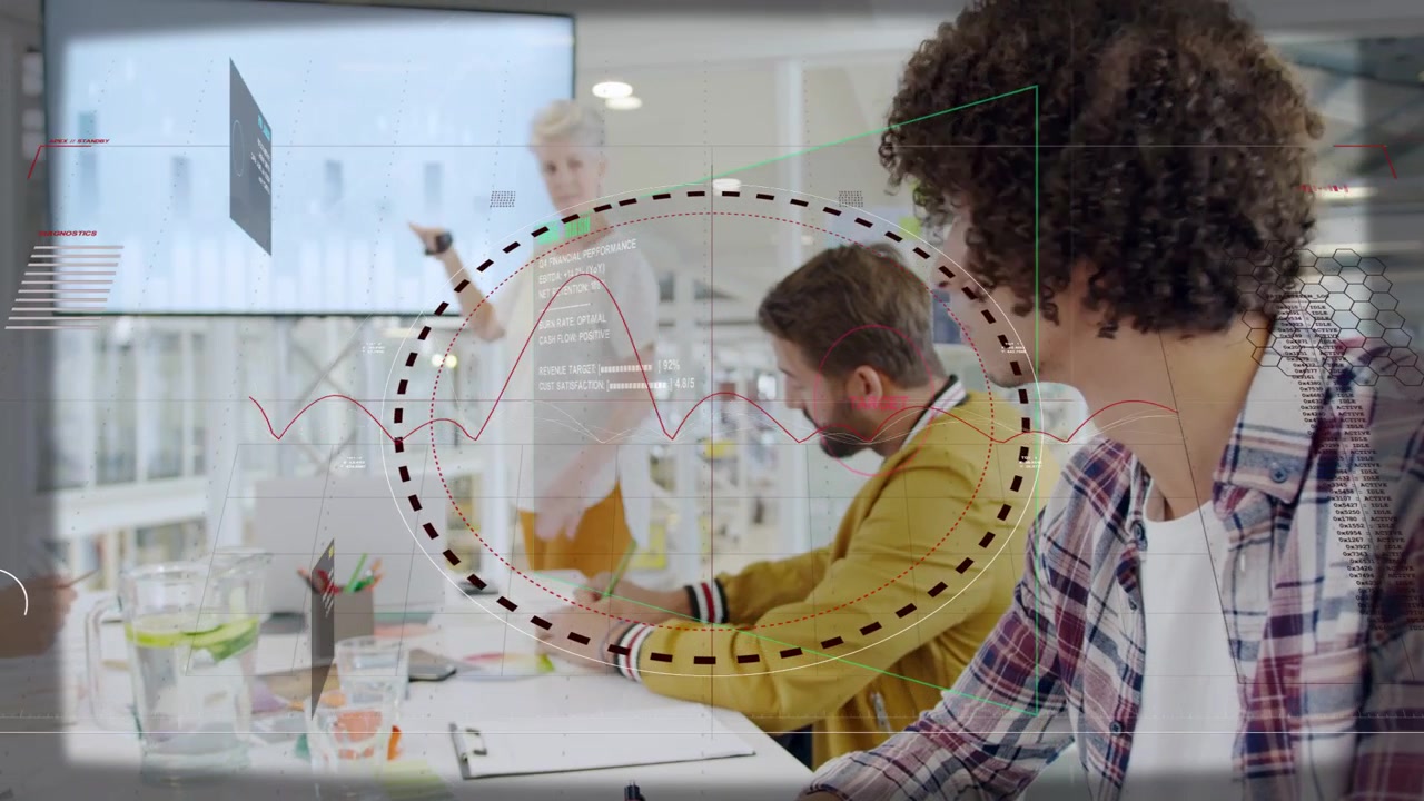 Curly scribe writing pink-pen, host pointing at screen causing business HUD between team for review