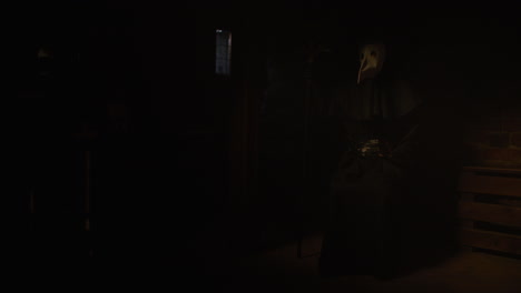 plague doctor in a dark room