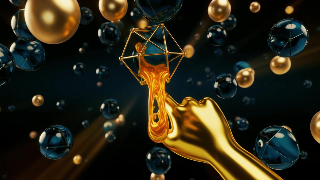 Mão Dourada Tocando Forma Geométrica com Ouro Líquido Fluindo