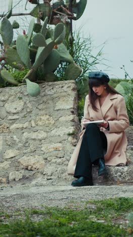 young woman studying outdoor in the small italian historical town