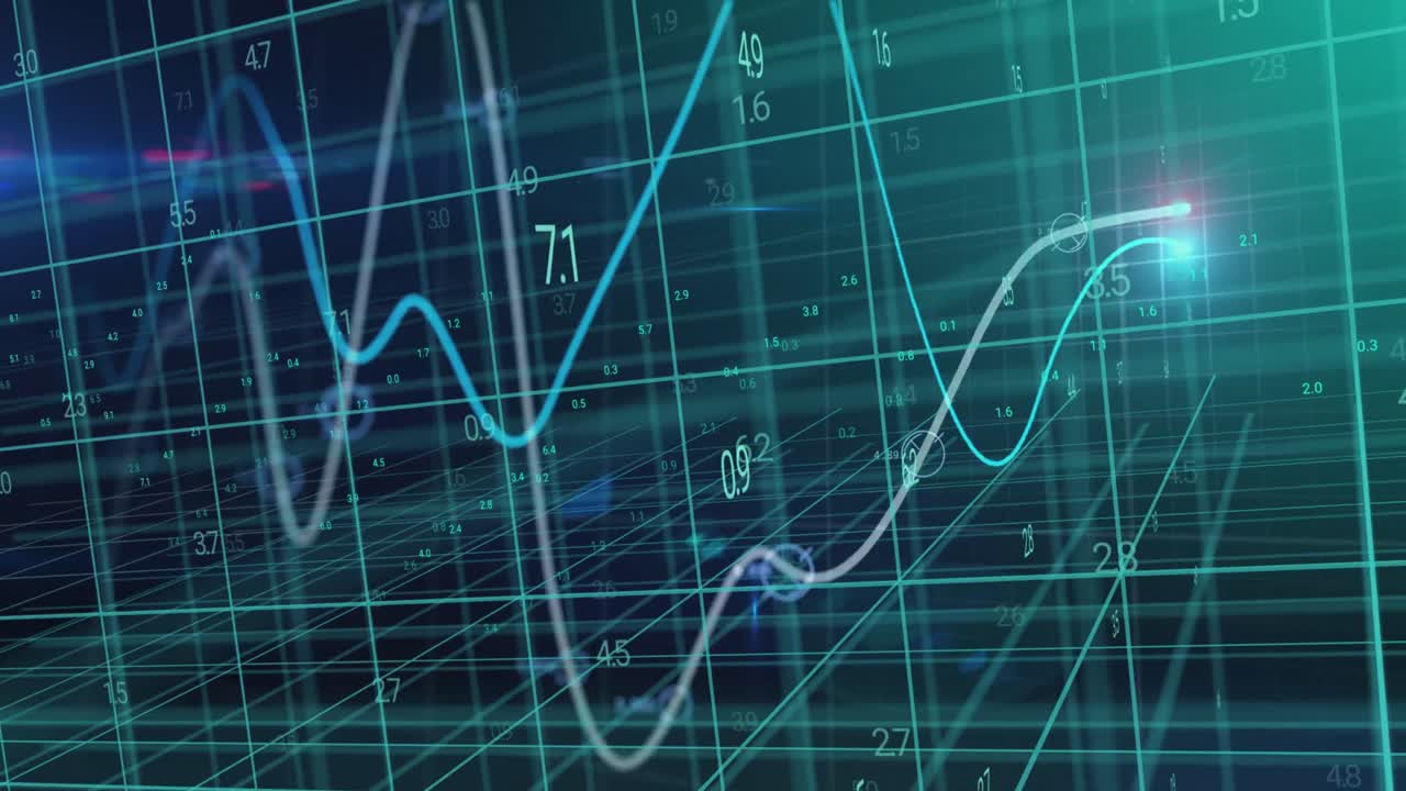 animación de gráficos brillantes y procesamiento de datos sobre cuadrícula 3d en fondo negro