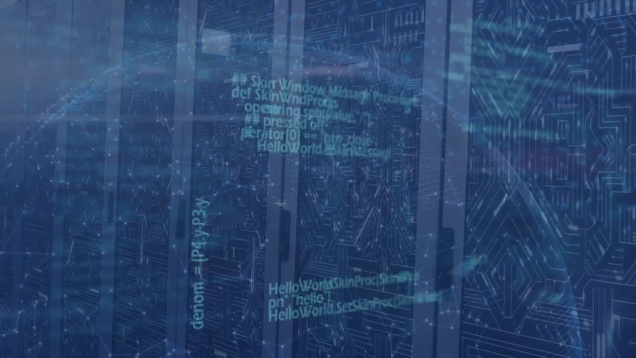 Animation of globe icon, network of connections and data processing against computer server room