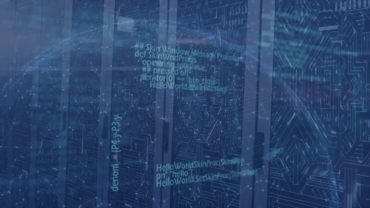 Animation of globe icon, network of connections and data processing against computer server room