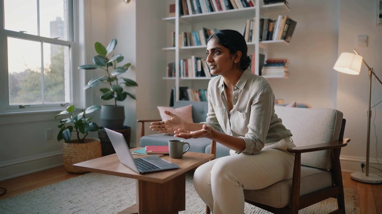 Talking adult Indian woman explaining at home office after laptop call, with mug, wearing blouse