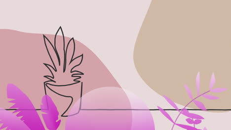 Animación-De-Una-Planta-Delineada-En-Negro-Con-Hojas-Rosadas-Sobre-Fondo-Rosa-Y-Beige