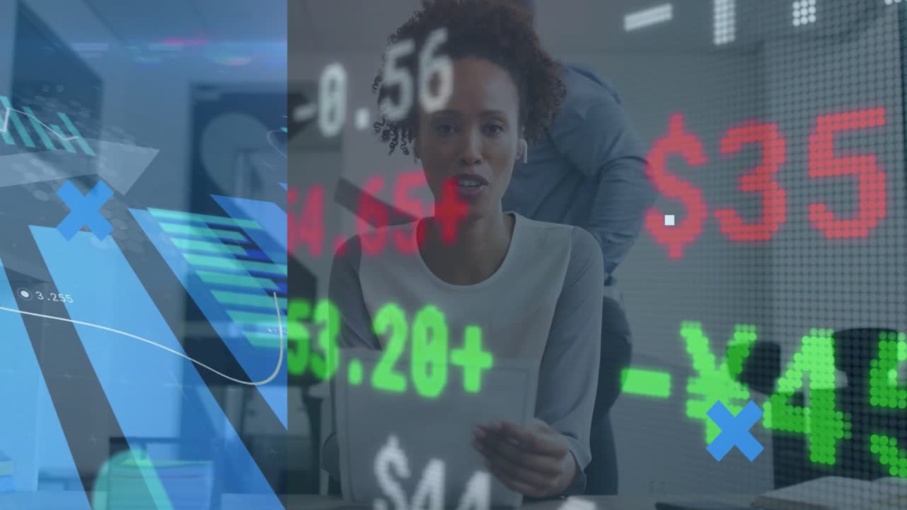 Woman speaking to camera, causing faint charts and stock tickers growing for finance review