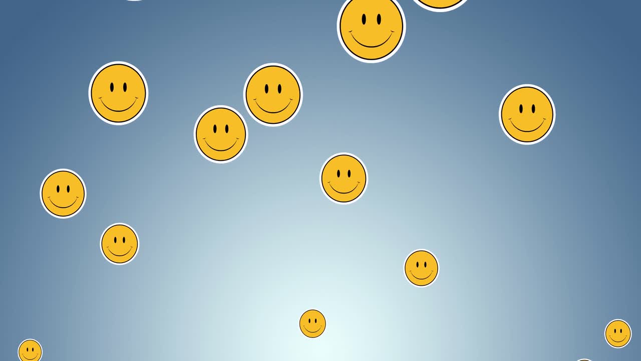 animación digital de múltiples emojis de caras sonrientes flotando contra un fondo de gradiente azul
