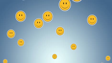 Digital-animation-of-multiple-smiling-face-emojis-floating-against-blue-gradient-background