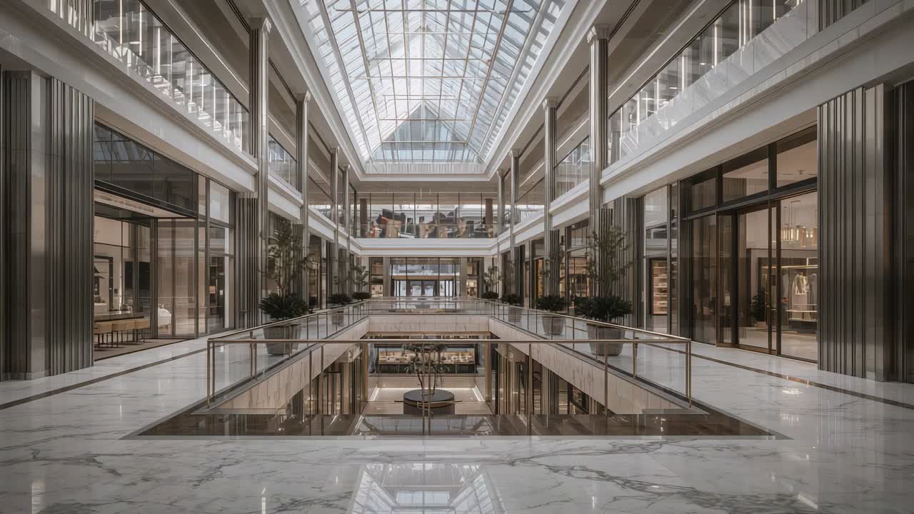 Panning camera forward revealing centered mall atrium, emphasizing depth and skylight