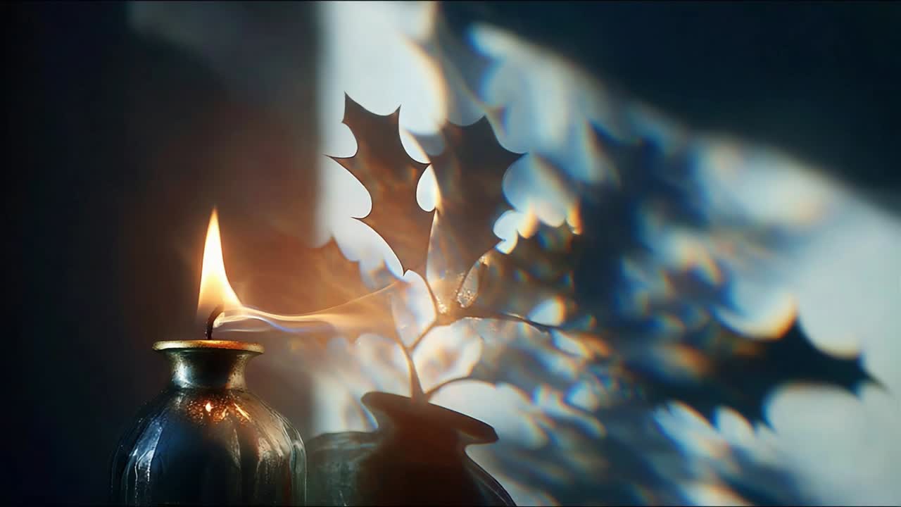 A Captivating Candlelight Scene with Shadows of Holly Leaves: A Dynamic Composition of Light and Nature Expressed Through a Beautifully Crafted Candleholder, Creating an Enchanting Ambiance of Warmth